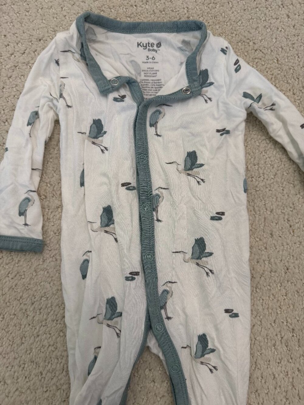 Kyte Baby Bamboo Snap Footie Blue Heron Print – 3-6M New Without Tags